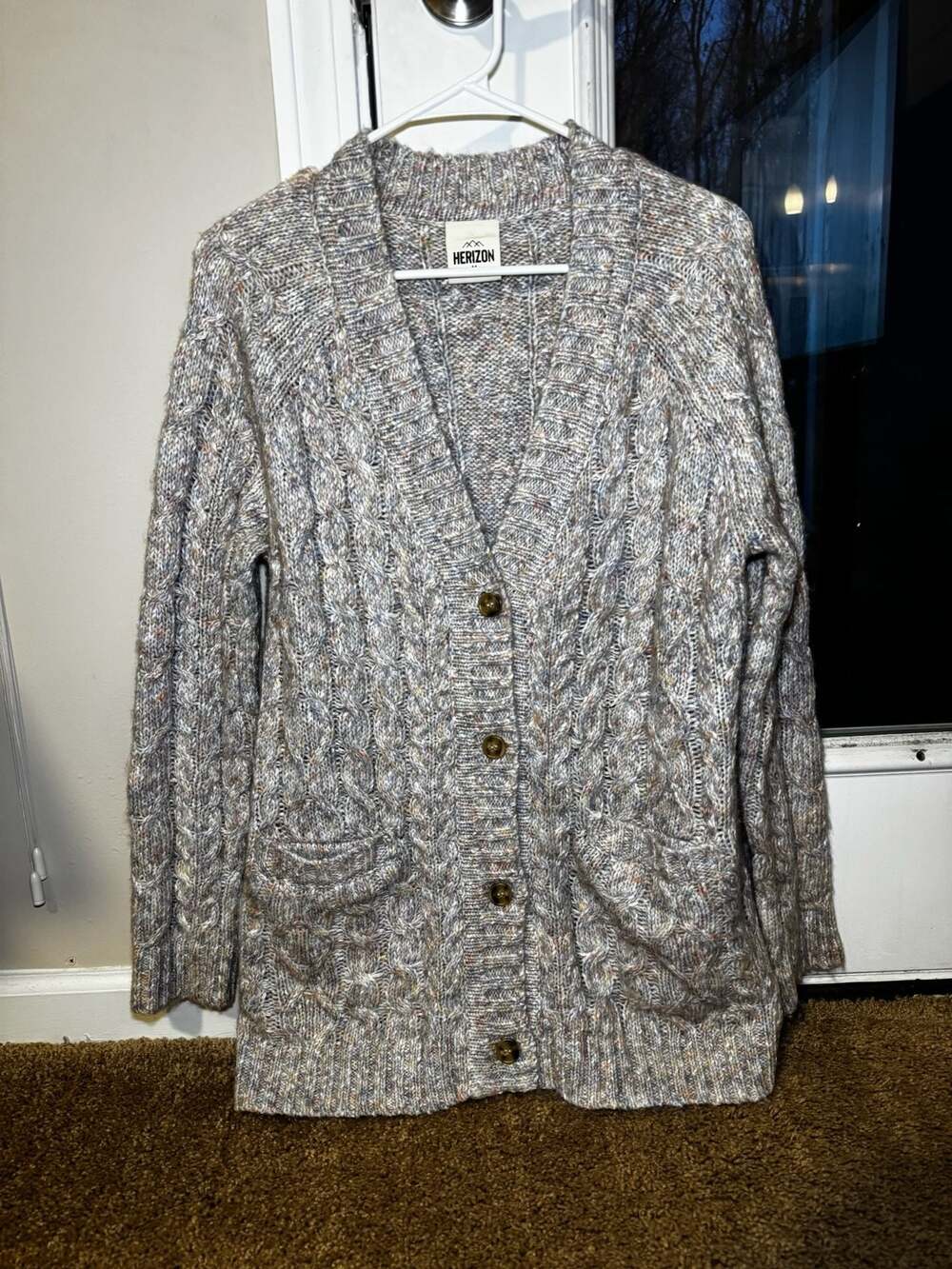 Herizon Grey Marled Cable Knit Button-Down Cardigan Sweater